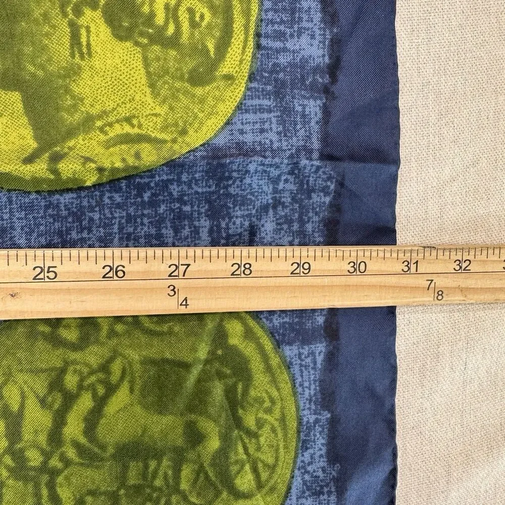 Vintage Louis Feraud Paris Silk Scarf Blue Gold Roman Coin Print 31” Square